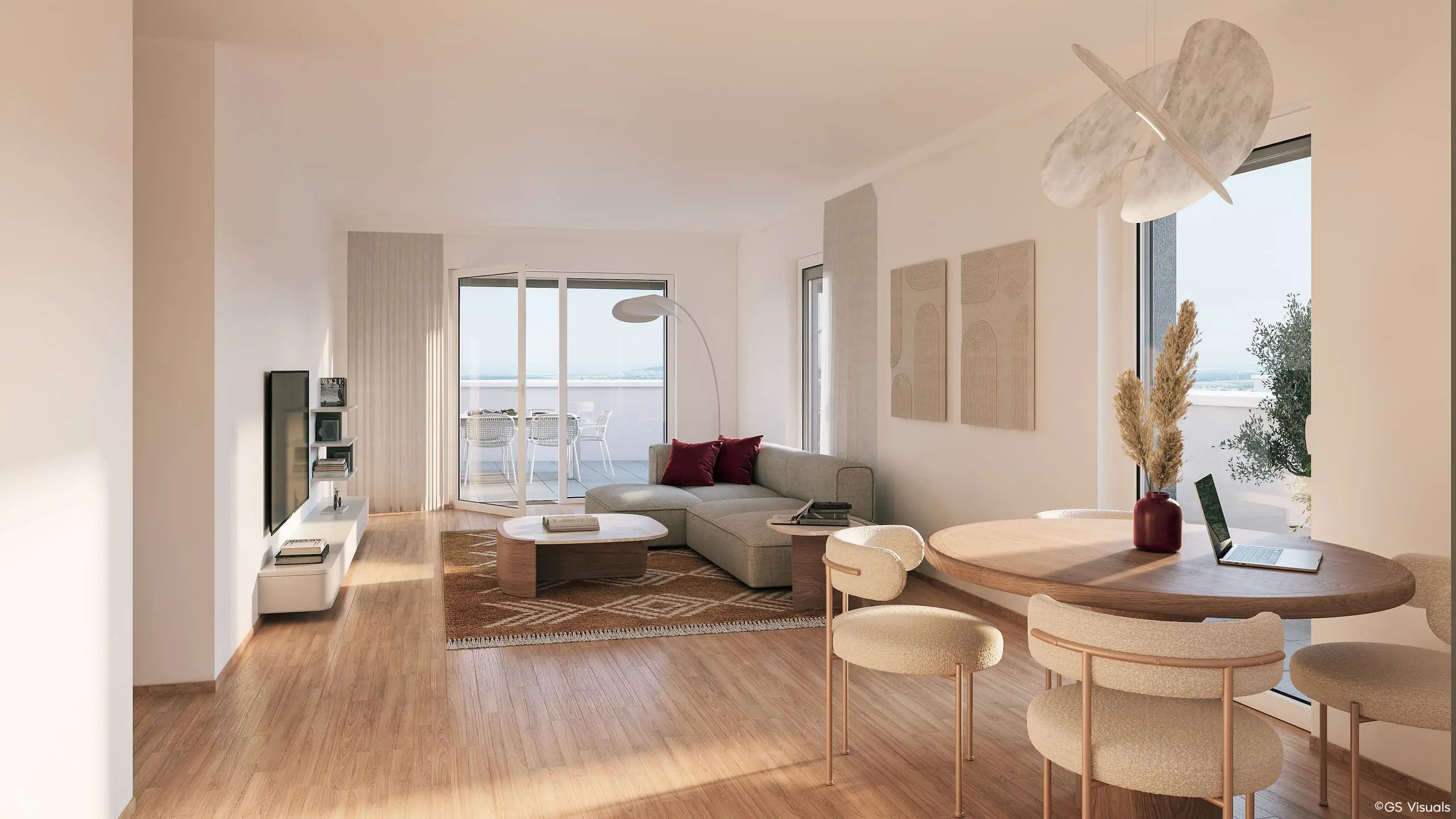 Wohnzimmer mit Sofa, Couchtisch und rundem Esstisch vor bodentiefen Fenstern