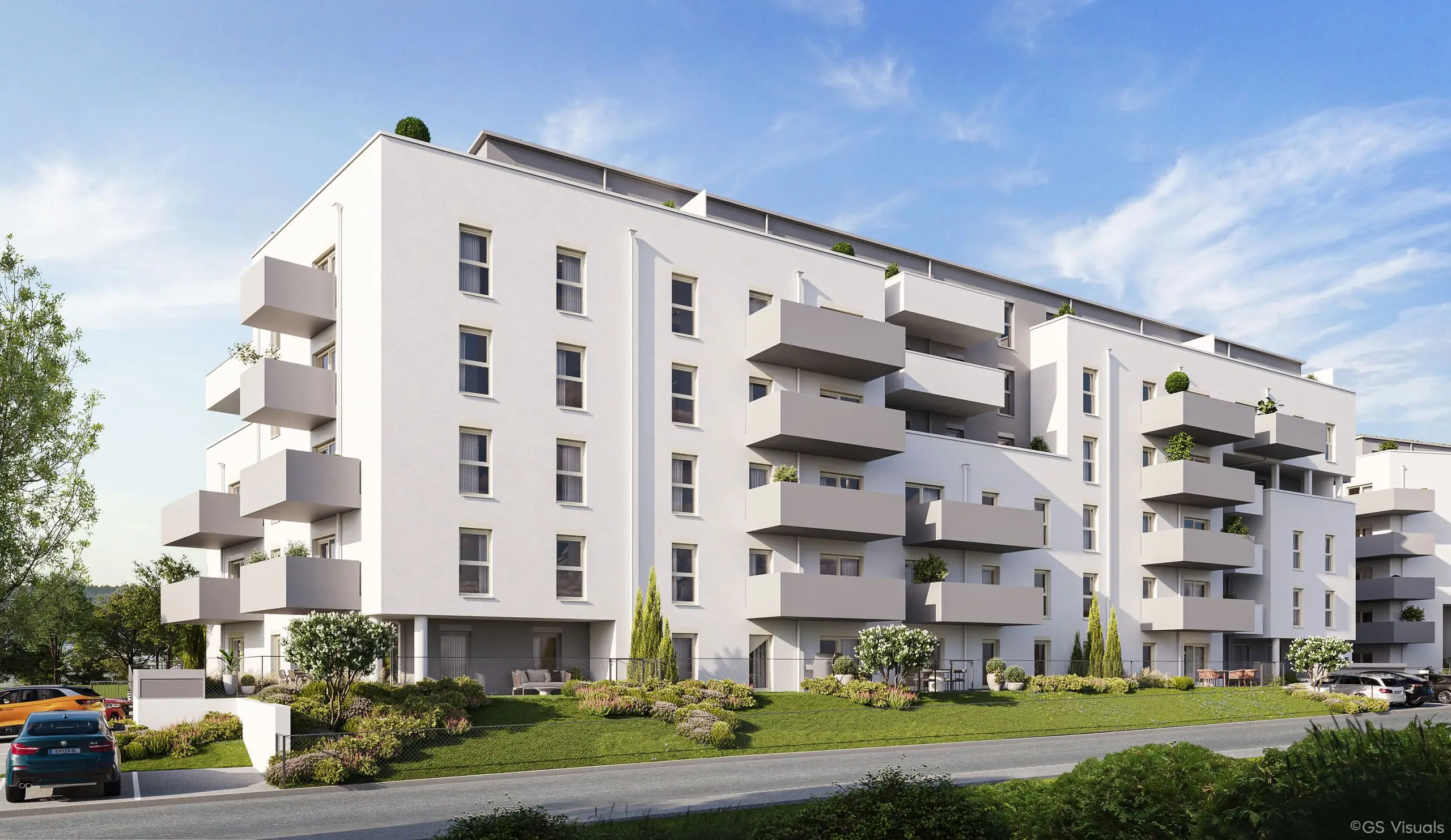 Wohnanlage Zielgerade von der Straßenseite mit Balkonen und begrünten Vorbereichen