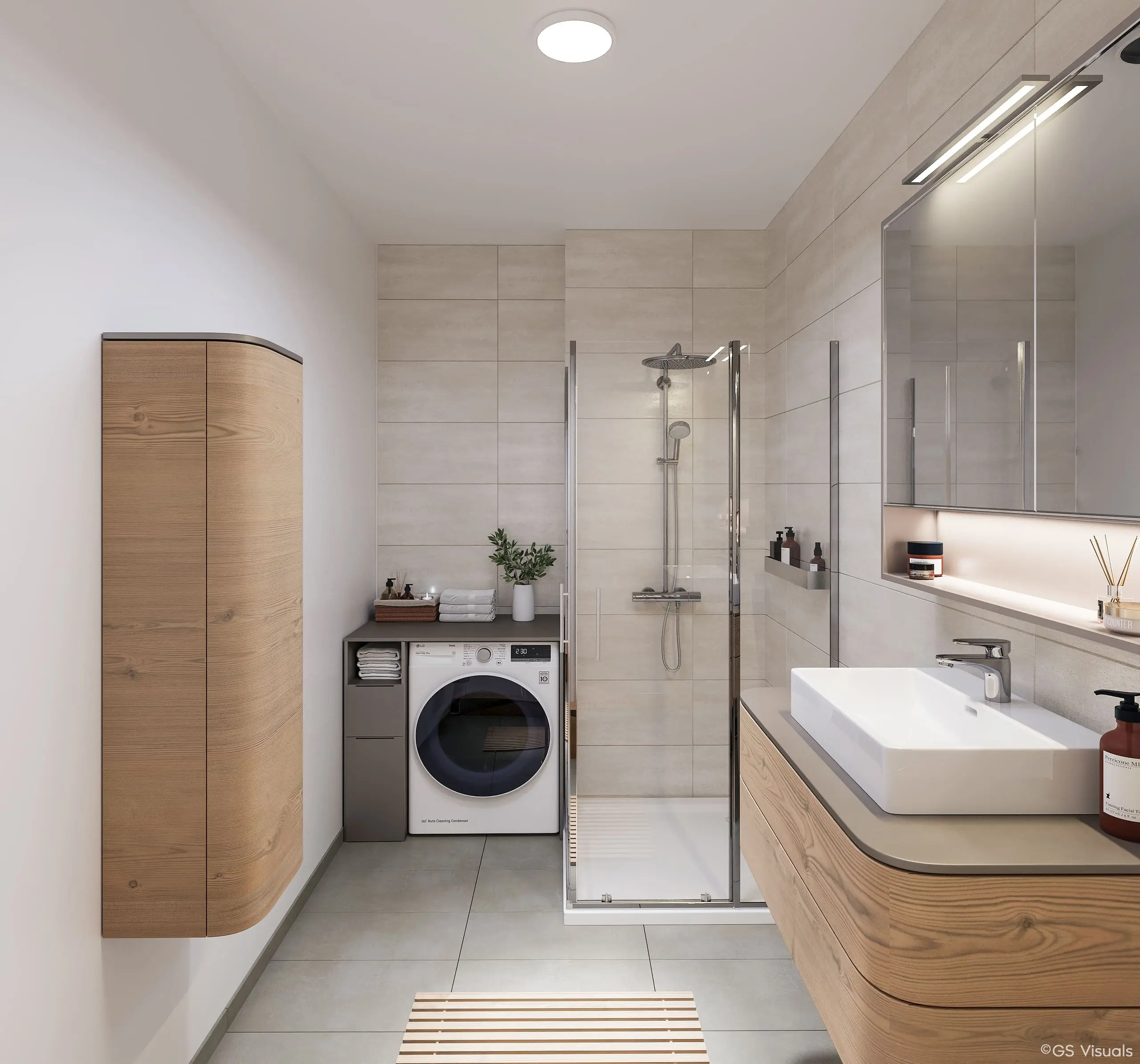 Badezimmer mit ebenerdiger Dusche, Waschtisch und Waschmaschine
