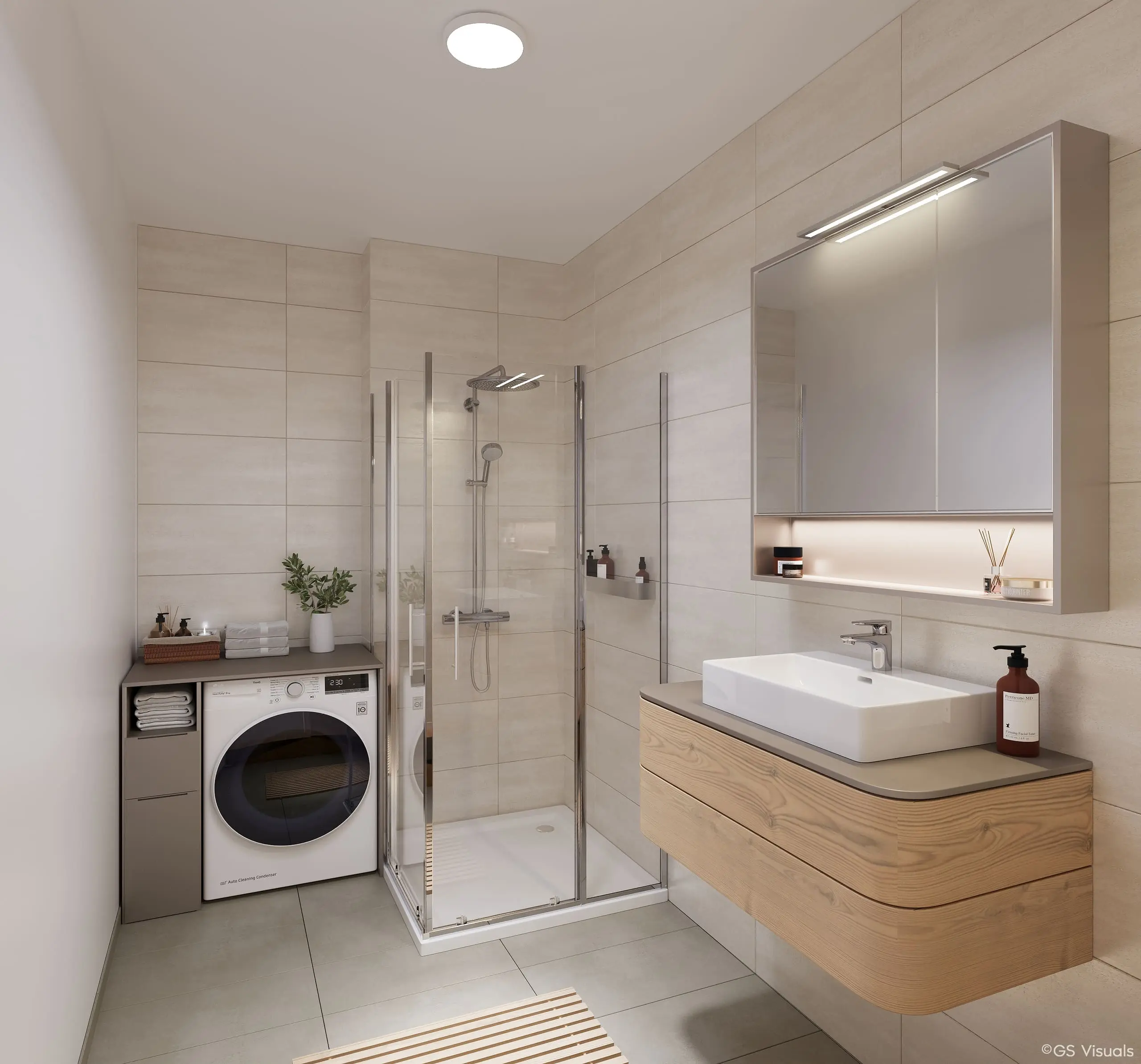 Badezimmer mit ebenerdiger Dusche und Waschtisch, seitliche Ansicht