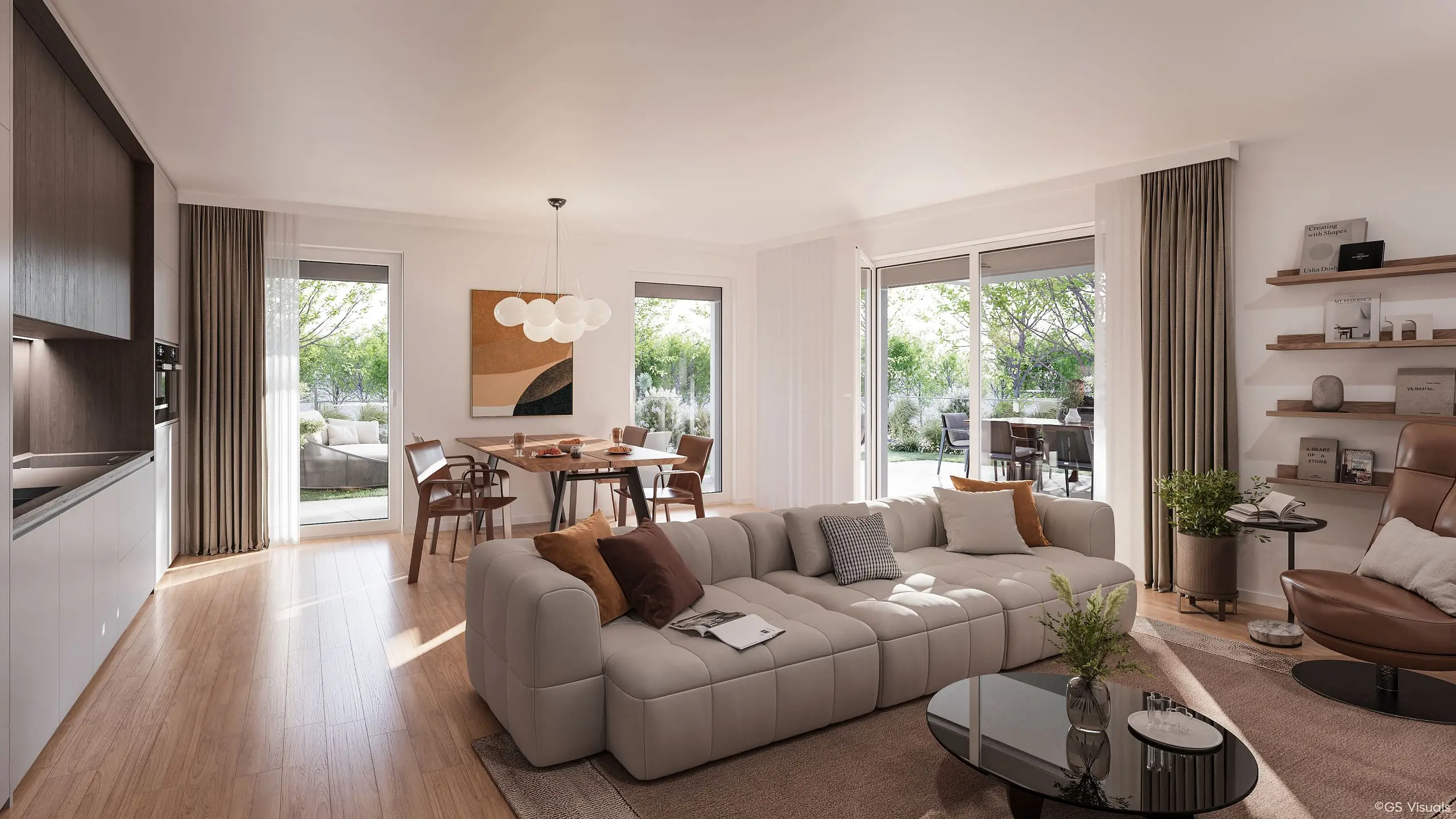 Wohnzimmer mit großem Sofa und Essbereich, Schiebetüren zur Terrasse