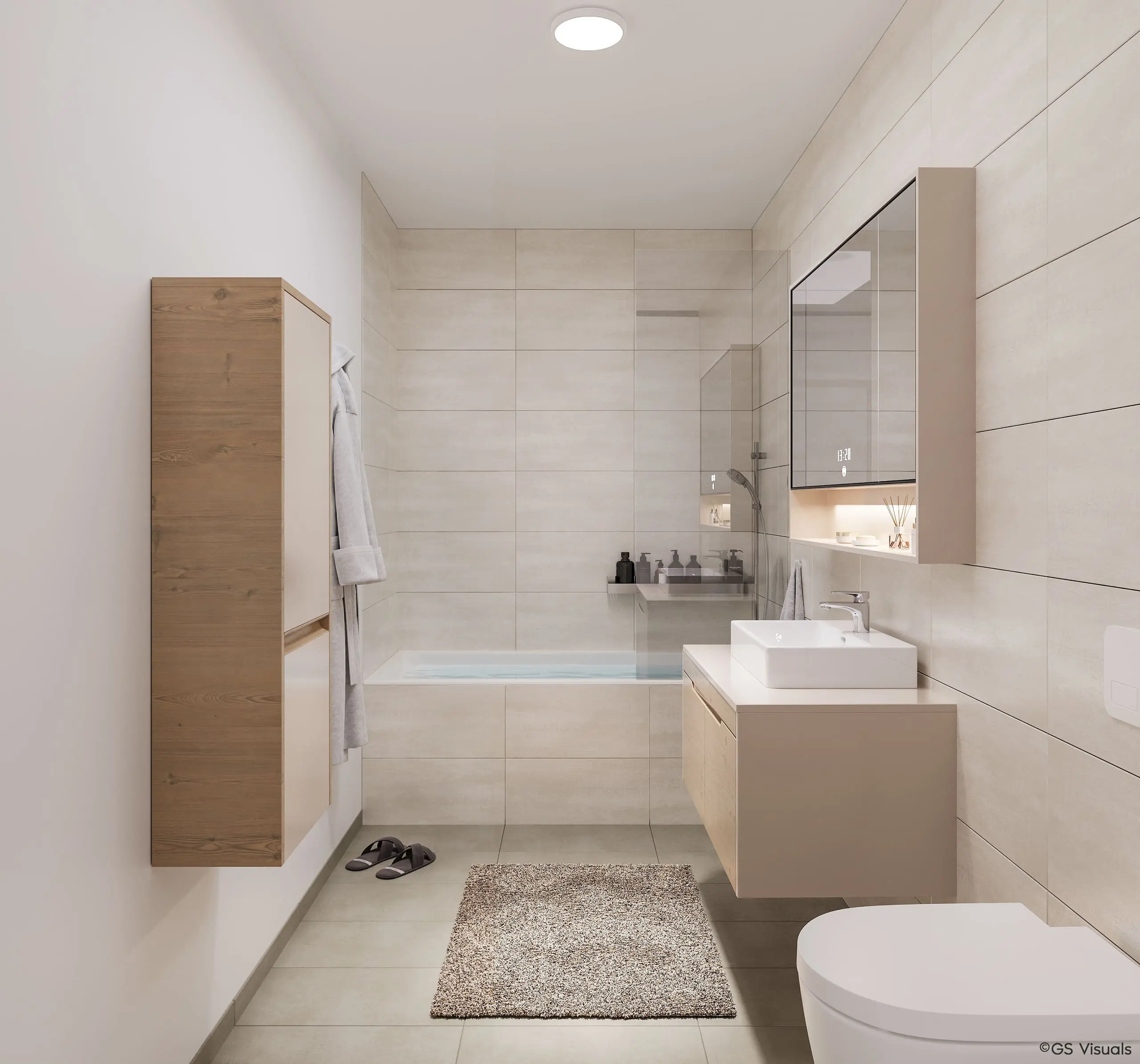 Badezimmer mit Badewanne, Waschtisch und Spiegelschrank