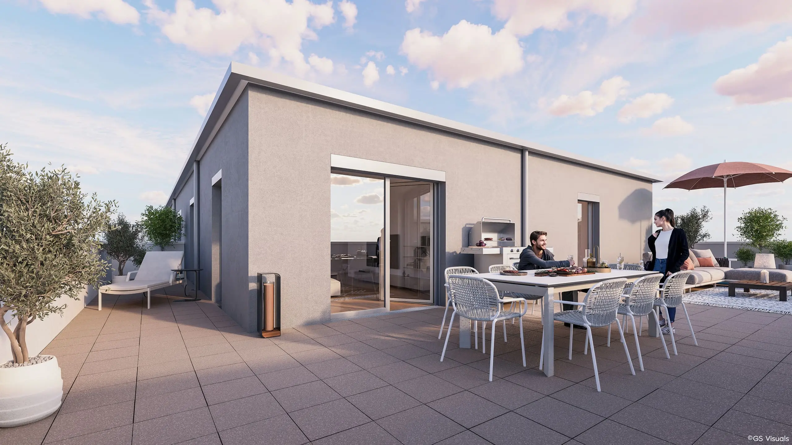 Dachterrasse mit Essplatz, Sonnenschirm und Loungebereich